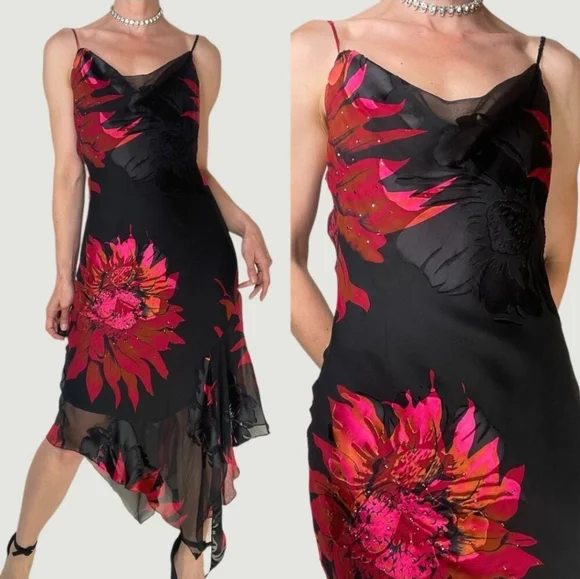 Cache silk beaded floral slip Cocktail dress sequin midi neck - Picture 2 of 4